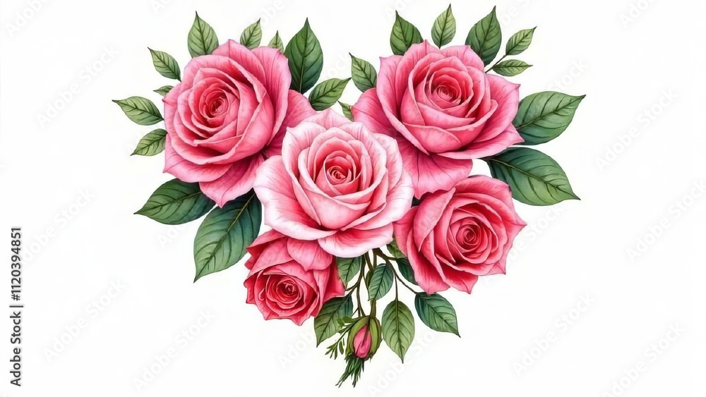 An illustration of a heart composed of various flowers peonies, tulip and roses and green leaves. Bright, elegant design,card, poster, wallpaper,valentine's day, love