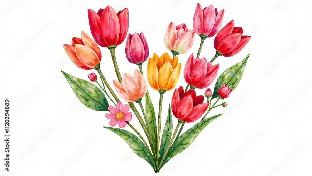 Fototapeta premium An illustration of a heart composed of various flowers peonies, tulip and roses and green leaves. Bright, elegant design,card, poster, wallpaper,valentine's day, love