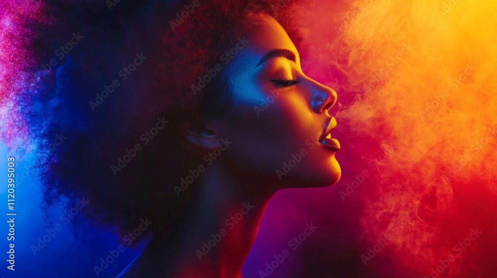 Abstract profile of a woman immersed in vibrant colors and smoke Abstract profile of a woman immersed in vibrant colors and smoke