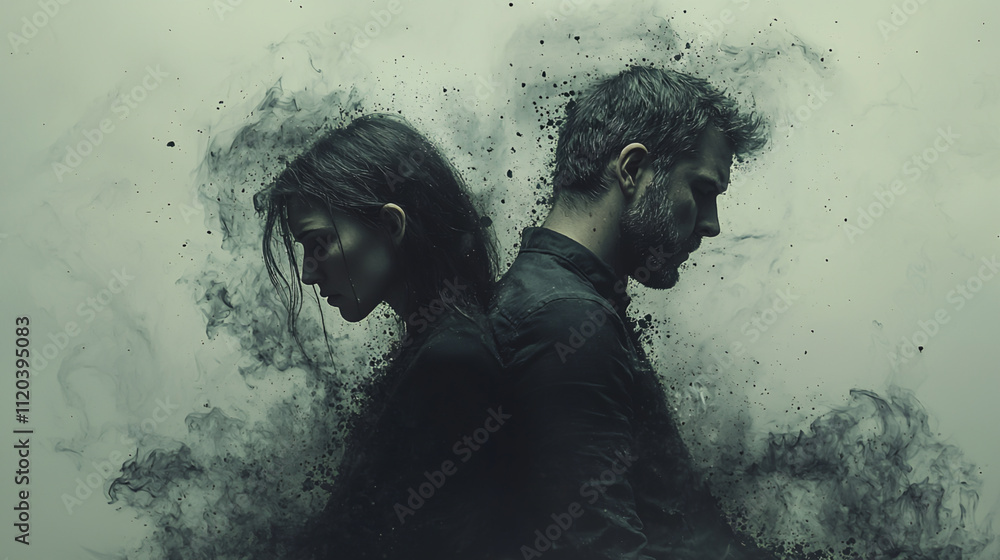 Fototapeta premium Silhouetted couple facing opposite directions dissolving into smoky artistic textures.