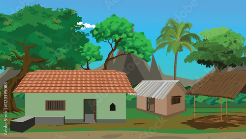 Village background scenery with huts and cowshed,sorrunded by trees and mountain under a coudy blue sky