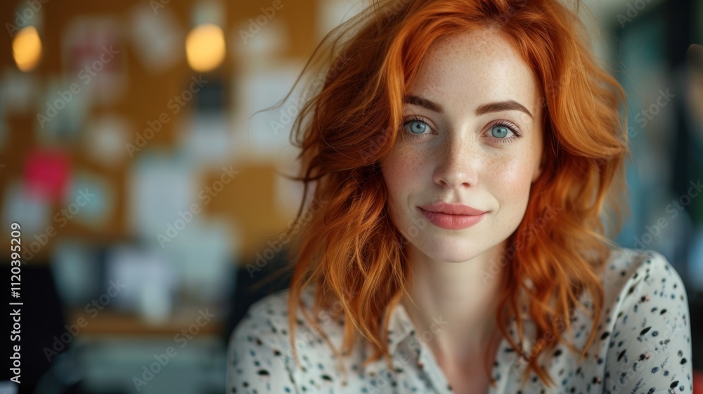 Red-haired woman with bright blue eyes and freckles, wearing a patterned blouse. She is in a casual office environment with a blurred background Red-haired woman with bright blue eyes and freckles, wearing a patterned blouse. She is in a casual office environment with a blurred background