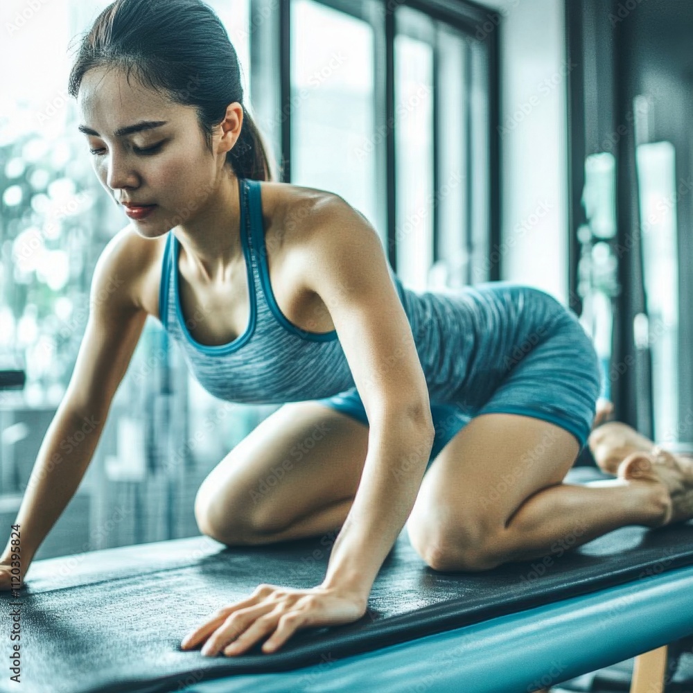 Mujer, siendo sometida a tratamiento de fisioterapia y rehabilitación en clínica especializada. Mujer, siendo sometida a tratamiento de fisioterapia y rehabilitación en clínica especializada.