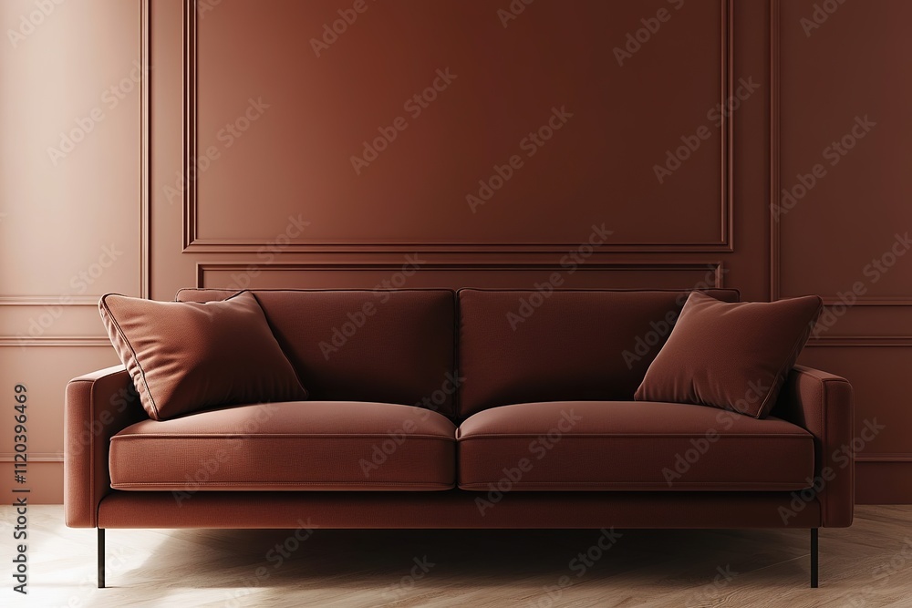Elegant brown sofa against matching wall in minimalist style Elegant brown sofa against matching wall in minimalist style