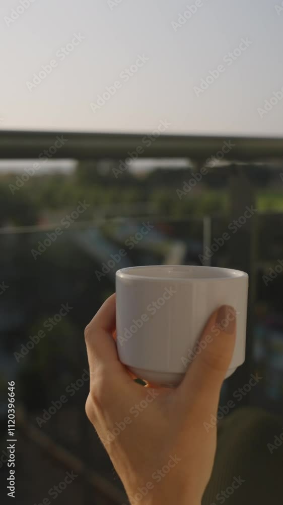 Vertical video. A woman with a braid sits on a balcony, holding a white cup, enjoying the serene morning view of greenery and the peaceful horizon in soft natural light. Vertical video. A woman with a braid sits on a balcony, holding a white cup, enjoying the serene morning view of greenery and the peaceful horizon in soft natural light.
