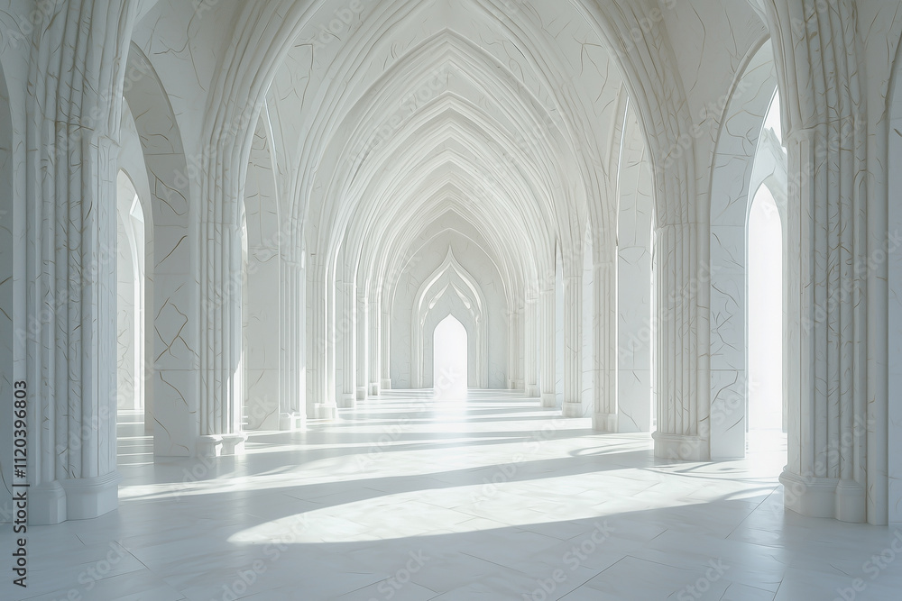 Ethereal white marble arches glowing in soft sunlight within an empty corridor.
Ethereal white marble arches glowing in soft sunlight within an empty corridor.