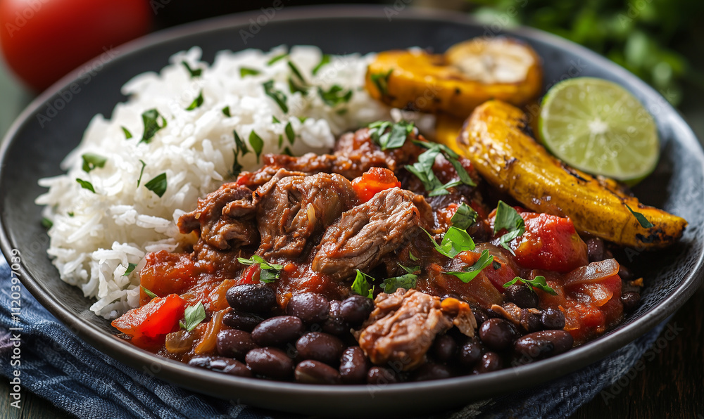 A vibrant plate featuring rice, seasoned meat, black beans, grilled plantains, and fresh lime, garnished with herbs and tomatoes.