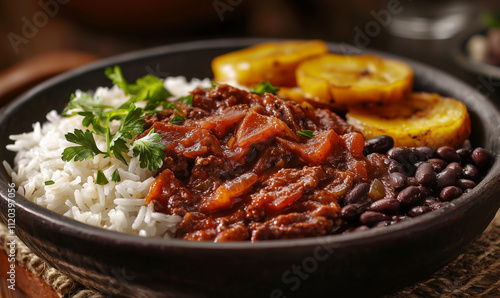 A hearty bowl of rice, black beans, and savory meat, garnished with fresh herbs and accompanied by golden, grilled citrus slices.