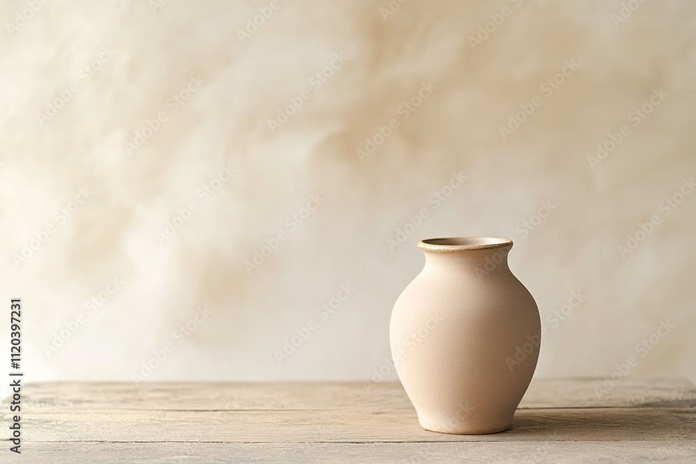 Minimalistic clay vase on wooden surface against neutral background Minimalistic clay vase on wooden surface against neutral background