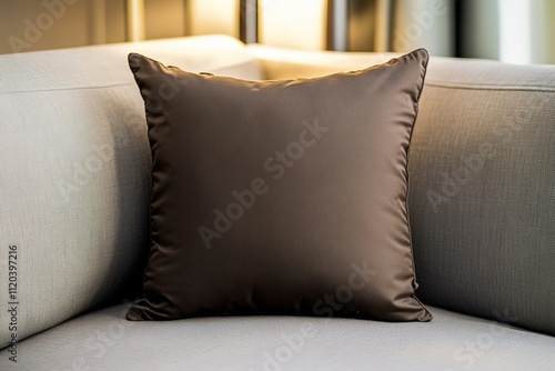 Brown cushion on gray sofa, minimalistic comfort photo