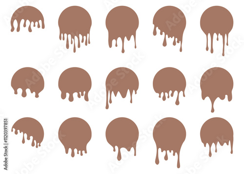 Set of drip circle labels. Paint drip stickers. Brown paint liquid. Brown inkblot. Mocha Mousse