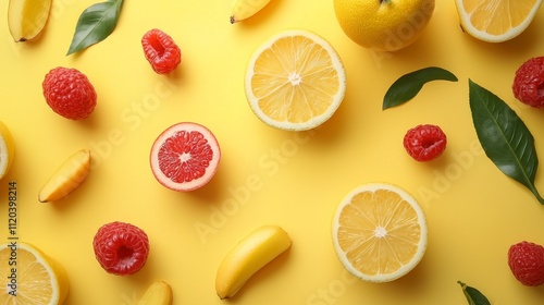 Assorted fruits on a vibrant yellow background