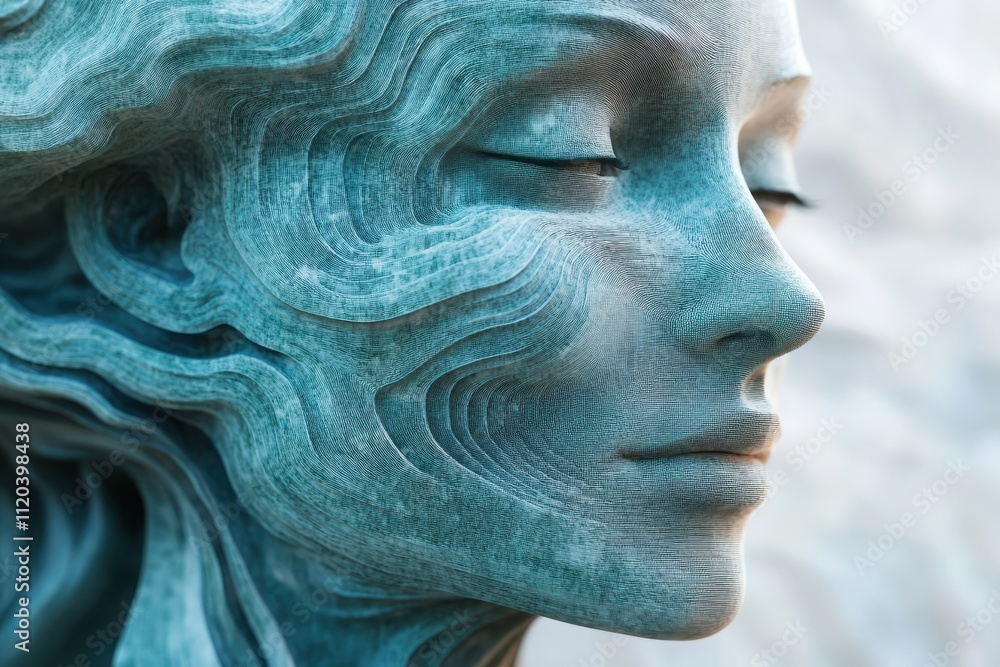 A serene, stylized sculpture of a woman's face with flowing, wave-like patterns. A serene, stylized sculpture of a woman's face with flowing, wave-like patterns.