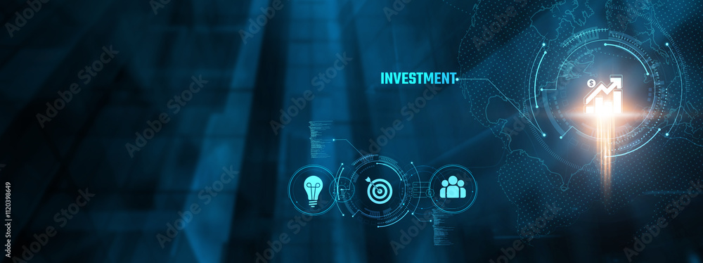 Fototapeta premium Investment Concept: Strategies, risk assessment, portfolio diversification, market analysis, returns, financial planning on virtual interface.