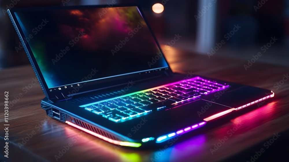 A laptop with a colorful, light and dark background on the screen, glowing lights on the keyboard A laptop with a colorful, light and dark background on the screen, glowing lights on the keyboard