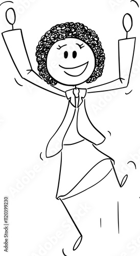 Smiling black woman or African ethnicity businesswoman celebrating success, vector cartoon stick figure or character illustration.