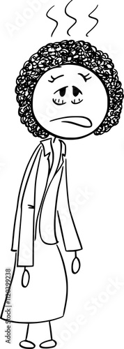 Sad or frustrated black woman or African ethnicity businesswoman, vector cartoon stick figure or character illustration.