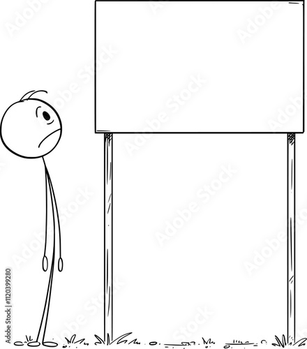 Frustrated or shocked person looking at empty sign , vector cartoon stick figure or character illustration.