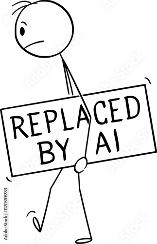Worker replaced by artificial intelligence or ai in his job walking sad , vector cartoon stick figure or character illustration.