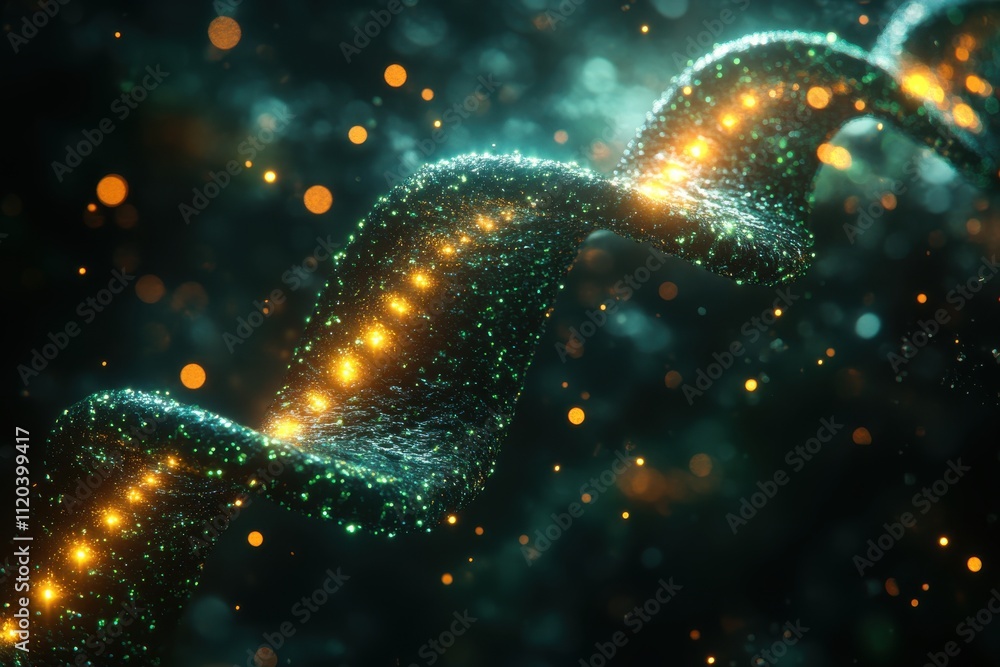 A stylized representation of a DNA double helix with glowing particles. A stylized representation of a DNA double helix with glowing particles.