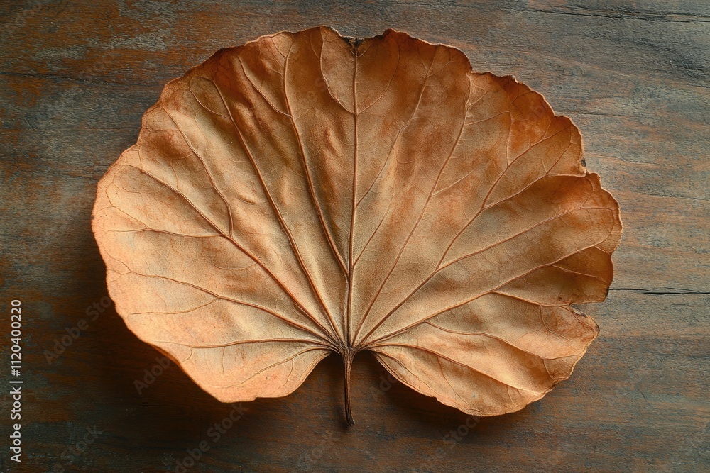 A dried, brown leaf with intricate veins rests on a rustic wooden surface. A dried, brown leaf with intricate veins rests on a rustic wooden surface.