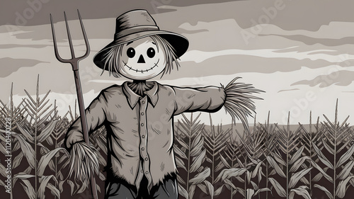 A cartoon scarecrow stands in a cornfield, wearing a hat and holding a stick. The scarecrow has a smiling face and straw hands, with corn plants in the background under a cloudy sky. photo