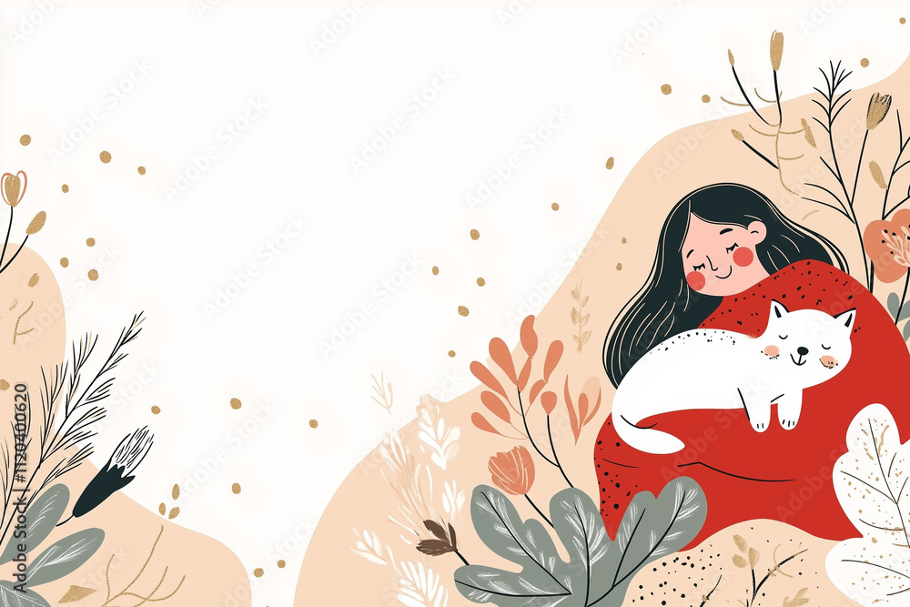 Obraz premium A cozy illustration of a girl with long black hair, wearing a red dress, sitting with a white cat in her lap. Surrounded by soft, abstract floral elements and leaves in pastel colors.