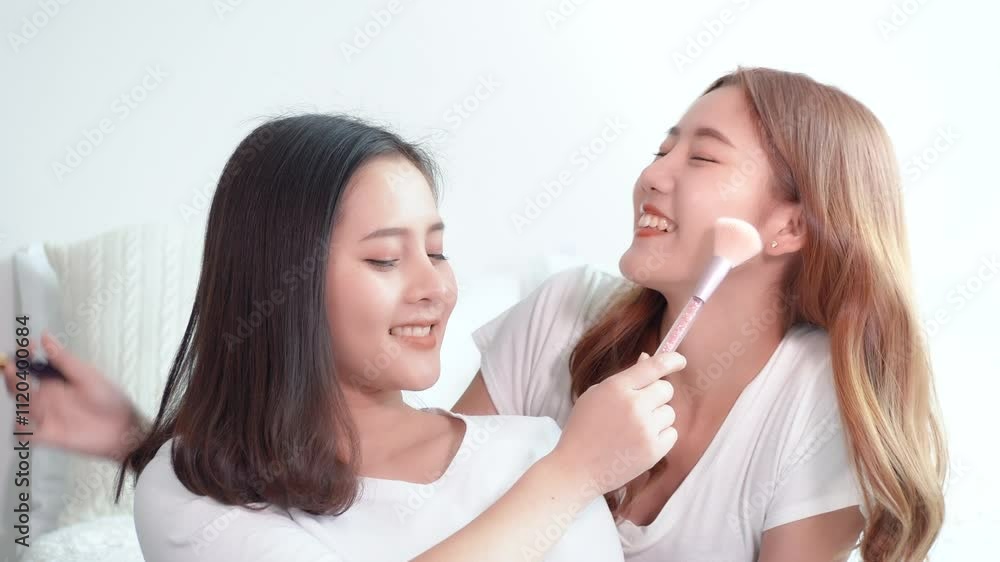 Two beauty women vlogger or blogger present make up brush and cosmetics broadcast live video to social media. Two beauty women vlogger or blogger present make up brush and cosmetics broadcast live video to social media.