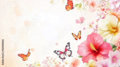 elegant floral frame with roses, hibiscus, and butterflies on transparent background photo