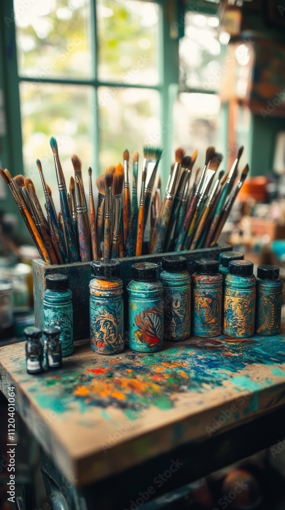 Vibrant art supplies in a colorful creative studio space Vibrant art supplies in a colorful creative studio space