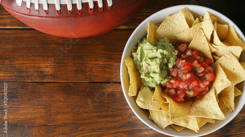 Top view of tortilla chips with guacamole and salsa in a bowl, accompanied by a football on a wooden surface. Perfect for Super Bowl and party food themes. photo