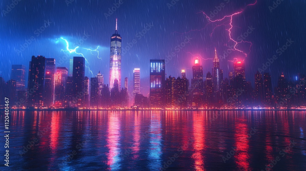 Fototapeta premium Lightning storm electrifies city skyline during nighttime with dramatic reflections