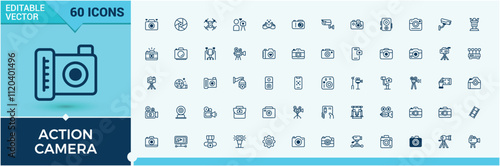 Action Camera icons in linear style. Containing professional, photographer, photograph, photographic, photography, cam, capture, element. Simple web icons. Vector icons editable stroke.