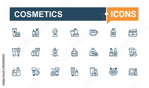 Cosmetics thin line icon set. Featuring sile, natural, hand, organic, perfume, skin, health, product. Outline icons pack. Editable stroke. Vector illustration.