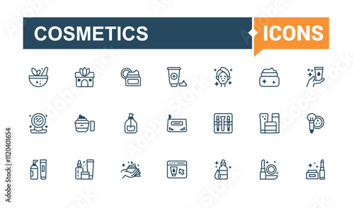 Cosmetics thin line icon set. Featuring sile, natural, hand, organic, perfume, skin, health, product. Outline icons pack. Editable stroke. Vector illustration.