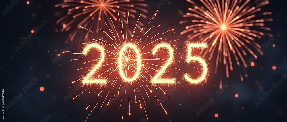 Fototapeta premium 2025 Happy New Year Banner, 2025 New Year firework celebration, happy new year. Welcome 2025. Generative Ai