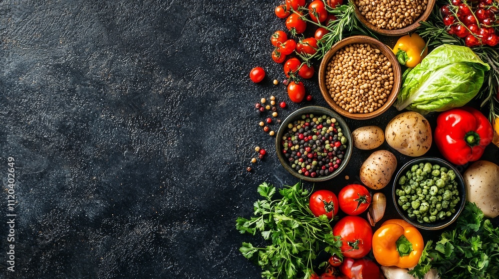 Assorted fresh vegetables and spices on a dark textured background Assorted fresh vegetables and spices on a dark textured background