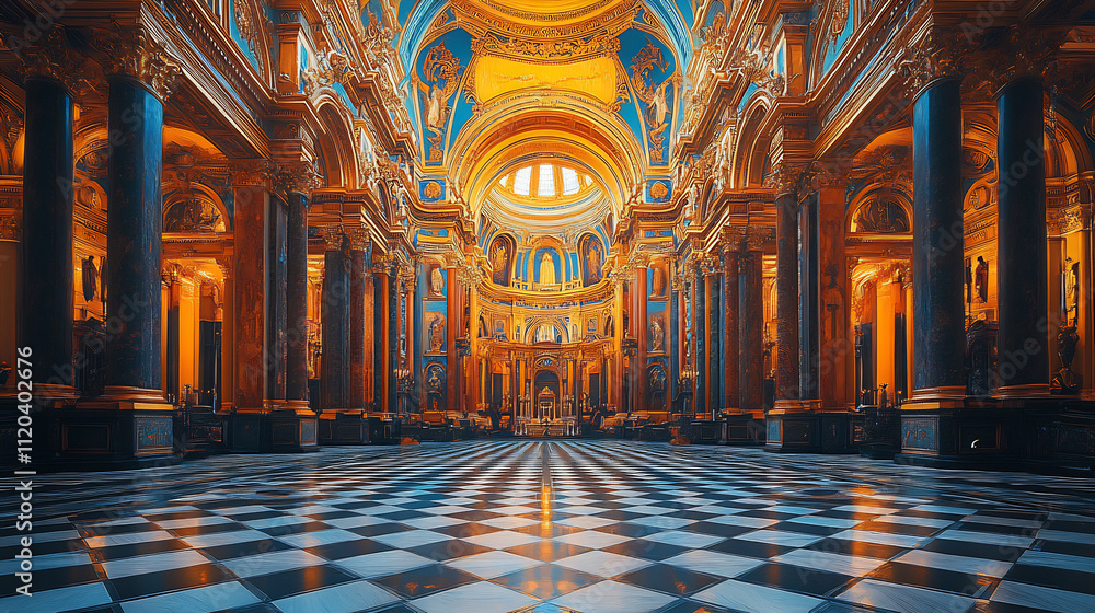 Obraz premium Majestic Gothic Cathedral Interior with Golden Altar and Checkered Floor