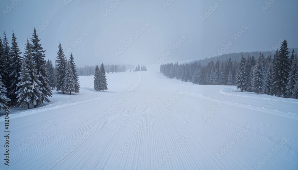 Obraz premium Mysterious winter landscape with snowy ski trail and foggy atmosphere amidst tall pines 