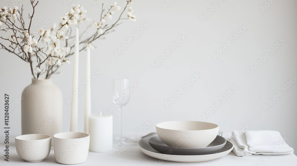 Minimalist Table Setting with Monochrome Dinnerware and Candles Minimalist Table Setting with Monochrome Dinnerware and Candles