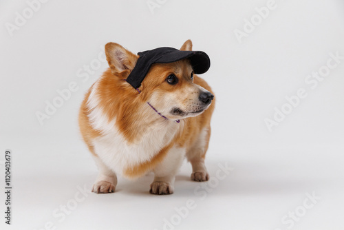 Corgi dog wearing a black cap with a playful expression on a white background photo