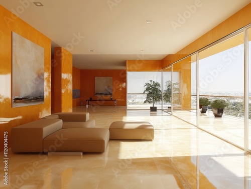 Wallpaper Mural Modern Luxury Living Room with Terrace - Warm Neutrals & Orange Accent Torontodigital.ca