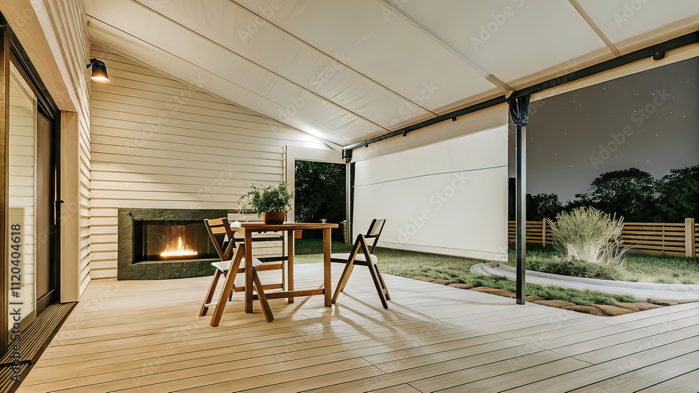 Fototapeta premium project of terrace under a canopy with wooden floor, table and chairs and outdoor fireplace near the house, house garden, cozy, design of place for rest