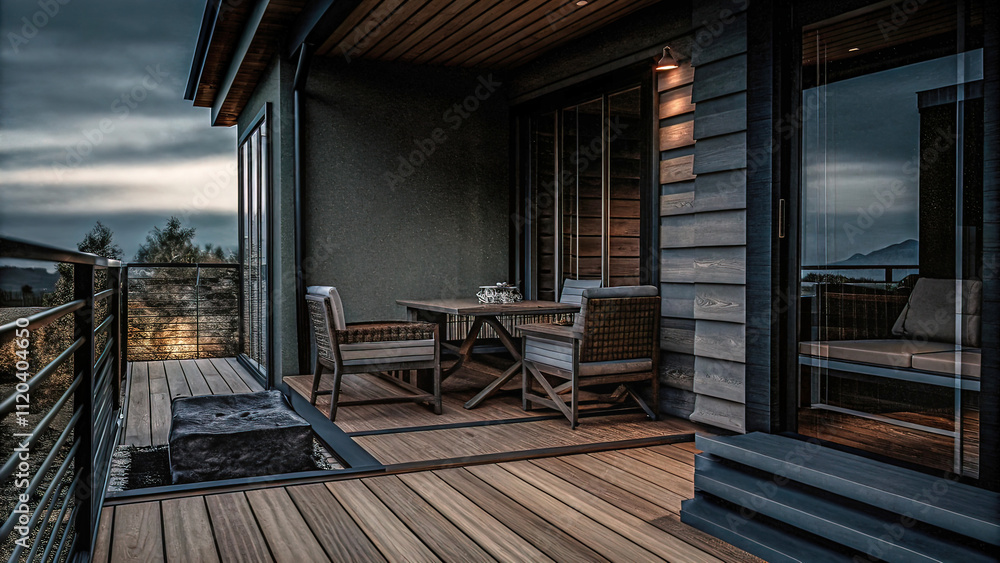 Obraz premium project of terrace under a canopy with wooden floor, table and chairs and outdoor fireplace near the house, house garden, cozy, design of place for rest