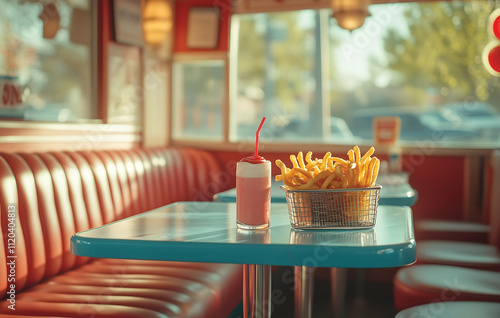 Fries and a drink on a table in a retro diner