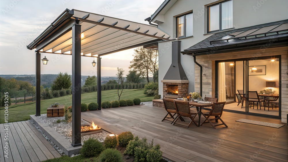 Fototapeta premium project of terrace under a canopy with wooden floor, table and chairs and outdoor fireplace near the house, house garden, cozy, design of place for rest