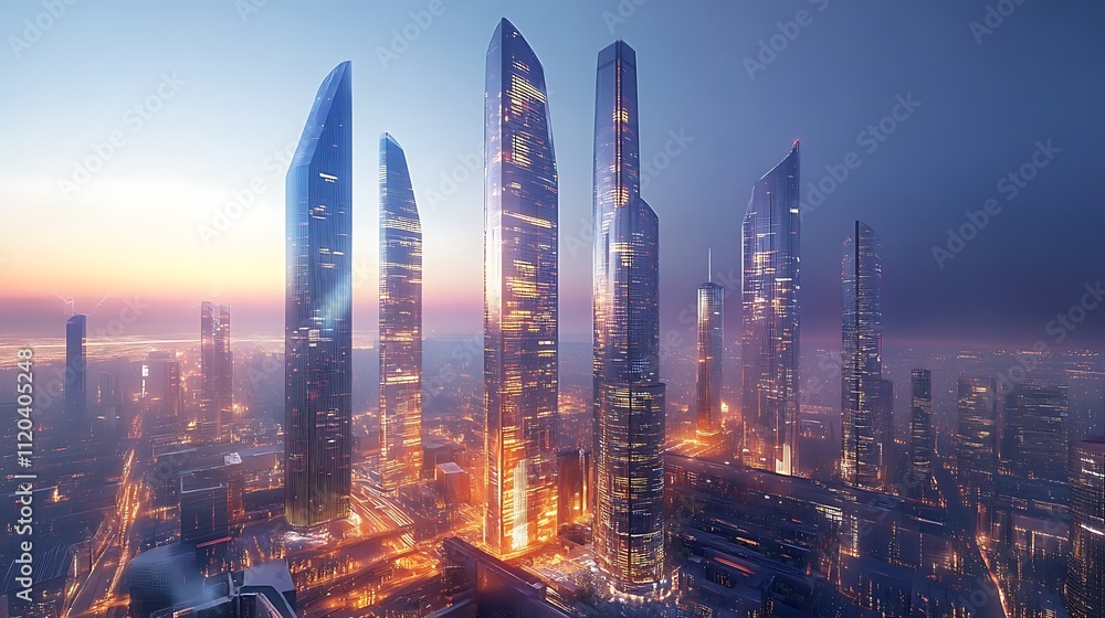 Futuristic Cityscape at Dawn: A Breathtaking Aerial View of Modern Skyscrapers Futuristic Cityscape at Dawn: A Breathtaking Aerial View of Modern Skyscrapers