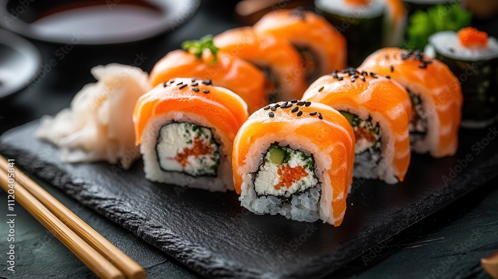Variety of sushi rolls elegantly arranged on black slate with chopsticks and soy sauce, showcasing culinary artistry and presentation Variety of sushi rolls elegantly arranged on black slate with chopsticks and soy sauce, showcasing culinary artistry and presentation