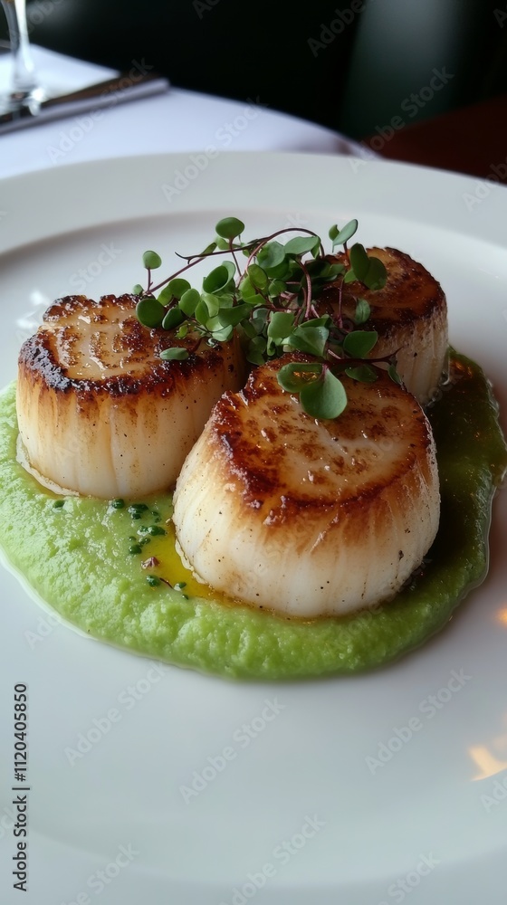 Seared scallops served on vibrant green pea purée with microgreens Seared scallops served on vibrant green pea purée with microgreens