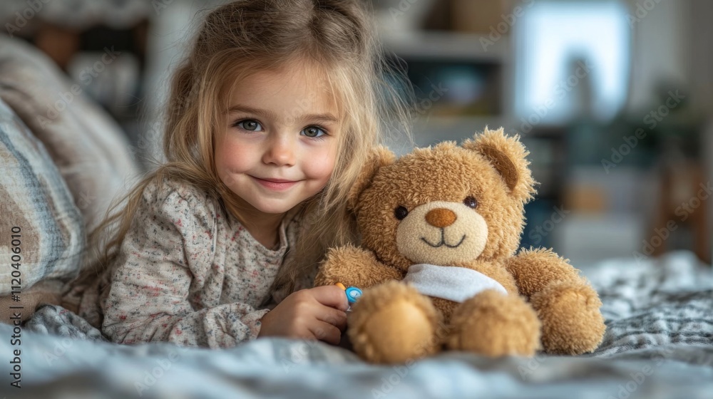 A joyful young girl sits on a bed with a teddy bear, radiating happiness. Soft light fills the cozy room, highlighting her playful spirit and the camaraderie with her stuffed toy. A joyful young girl sits on a bed with a teddy bear, radiating happiness. Soft light fills the cozy room, highlighting her playful spirit and the camaraderie with her stuffed toy.
